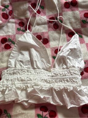 White Smocked Ruffle Halter Crop Top